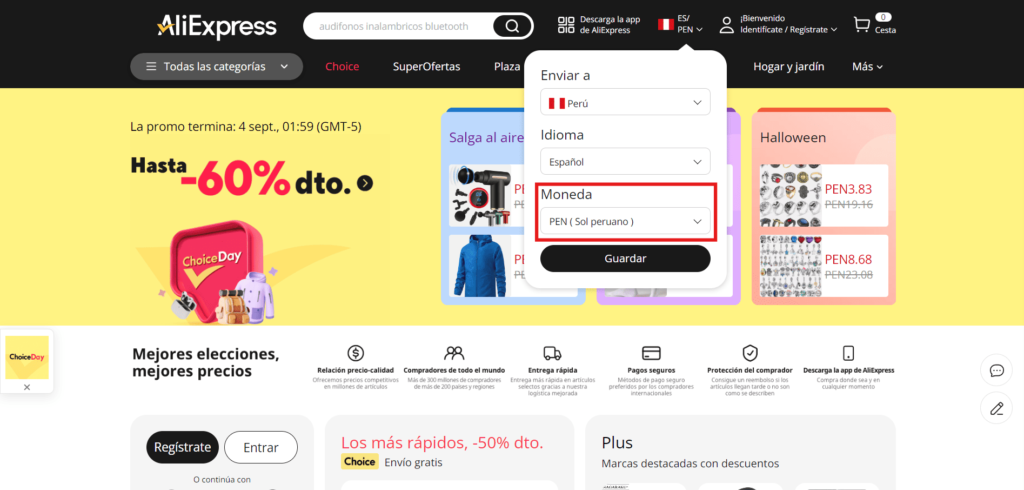 Cambiar moneda de PEN a USD en la página web de AliExpress